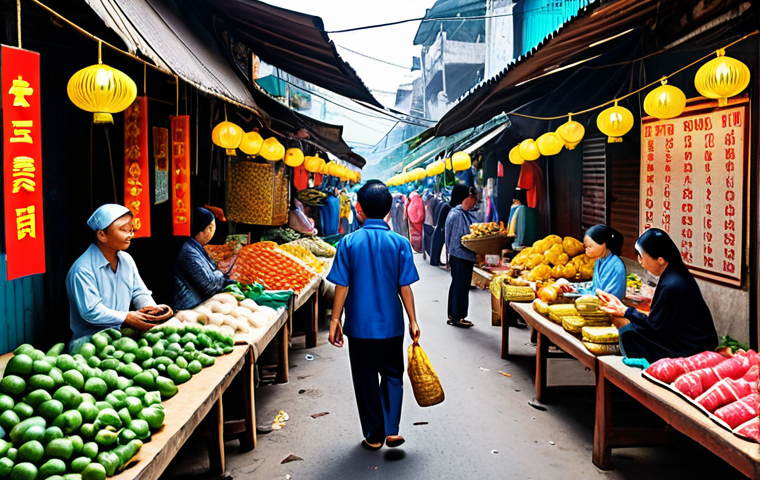 **
A vibrant, bustling Vietnamese market scene showcasing vendors selling various investment options. Include symbolic representations of each investment type (stocks, bonds, real estate, gold, cryptocurrency). The overall feel should be educational and slightly cautious, hinting at potential risks.
**