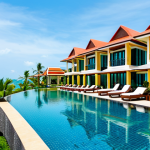 Home 16 **Image Prompt: Luxury Coastal Resort**
"A vibrant, sunny scene of a luxury coastal resort in Phu Quoc, Vietnam. Features modern villas with private pools overlooking the turquoise sea. Lush tropical gardens surround the resort. Fully clothed tourists are enjoying the amenities. Focus on the beautiful architecture and natural scenery. safe for work, appropriate content, fully clothed, professional resort photography, perfect anatomy, correct proportions, natural pose"