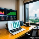 Home 16 대체투자 옵션 평가를 위한 유용한 리소스 - A modern Vietnamese investor’s workspace featuring multiple screens displaying real-time financial d...